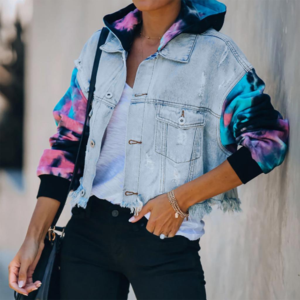 Women's Color Blocking Tie Dyed Denim Hole Tassel Long Sleeved Denim Jacket
