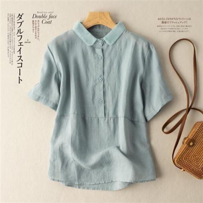 Solid Color Short-Sleeve Pullover Linen Shirt for Women, Vintage Hong Kong Style Cotton-Linen Blouse, 2026 Spring/Summer New Arrival
