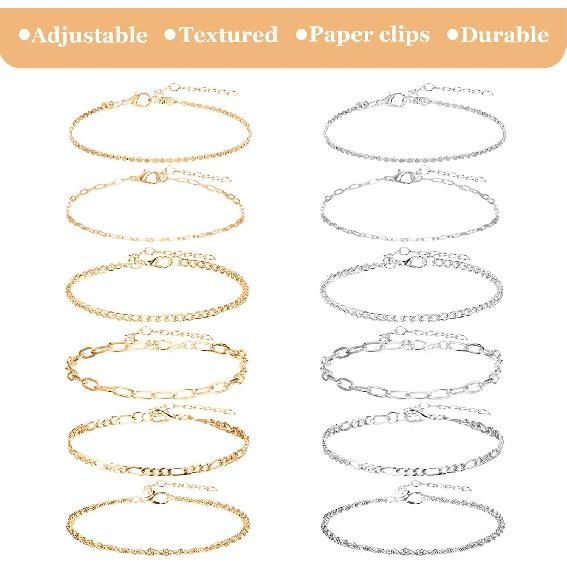 12pcs Gold/Silver Ankle Bracelets for Women Layered Waterproof 14k Cuban Link Chain Anklets Set Adjustable Dainty Summer Beach Gold Accessories Boho