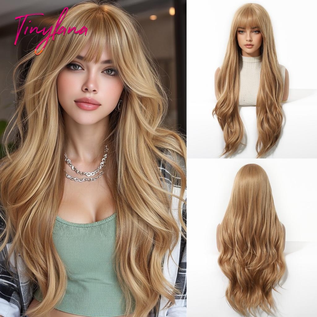 Long Golden Blonde Wave Synthetic Wigs with Bangs for Women Golden Brown Natural Cosplay Costume Daily Hair Wigs Heat Resistant