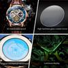 OLEVS Men's Automatic Watch Starry Sky Skeleton Luxury Waterproof Luminescent Brown Strap Blue Dial
