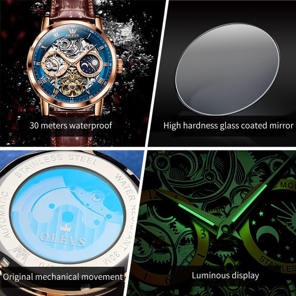 OLEVS Men's Automatic Watch Starry Sky Skeleton Luxury Waterproof Luminescent Brown Strap Blue Dial
