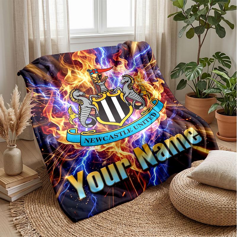 Newcastle United FC Custom Name Text Flannel Blanket Soccer Logo Personalized Fleece Throw Blanket Special Gift For Sofa Bedroom Home