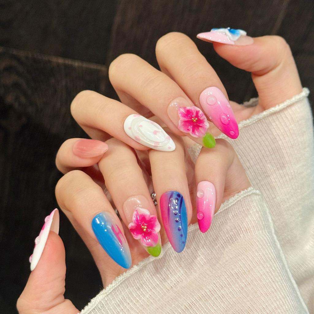 Press On Nails Almond Fake Nails 3D Flower Design Glue On False Nails Press Ons Reusable Acrylic Nails Glossy Full Cover Stick On Nails for Women