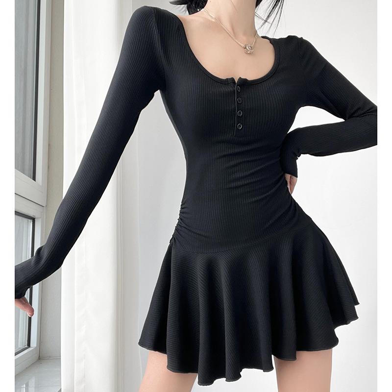 Sexy Pure Desire Ballet Style U-neck Waist Pleated Skirt Long-sleeved Dress Women's Summer High-waisted Shorts Two-piece Set