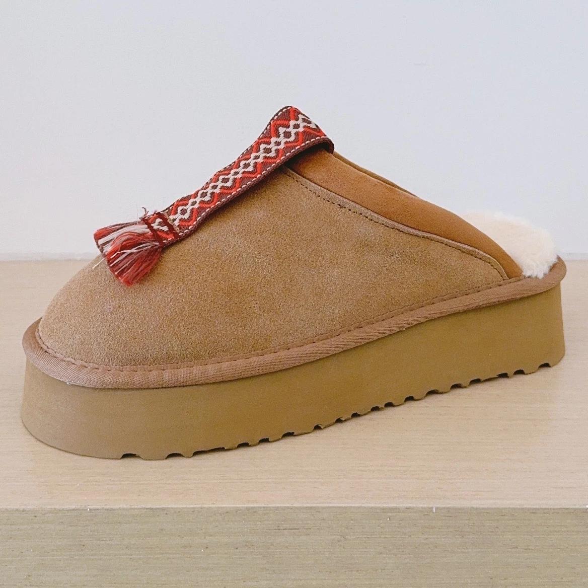 Winter Dames Heren Mode Echt Leer Huis Platform Slippers Klassiek Dikke Zool Casual Binnen Warme Schoenen 2027 Nieuwe Sneeuwschoenen 44 bruin