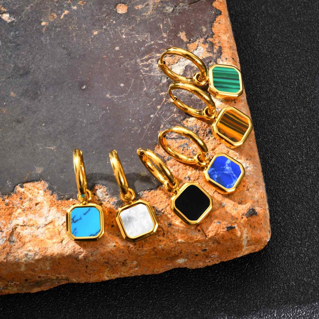 Trendy Geometric Tiger Eye Natural Stone Pendant Earrings for Men Boys, Blue Green Stone Stainless Steel Drop Earrings Jewelry