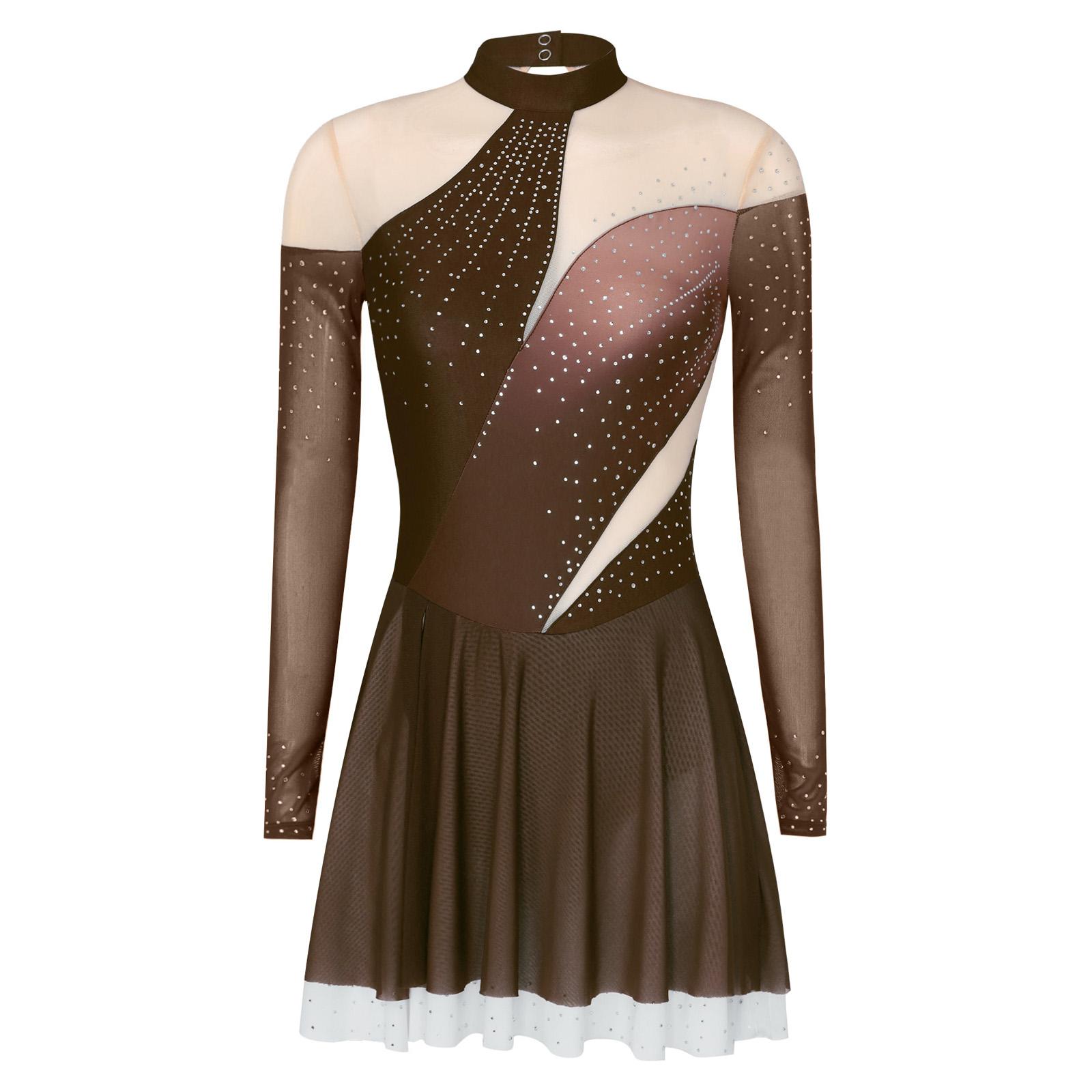 Adults Women Sheer Mesh Figure Skating Costumes Shiny Rhinestones Gymnastics Leotards Femme Patchwork Long Sleeve Skating Dress S