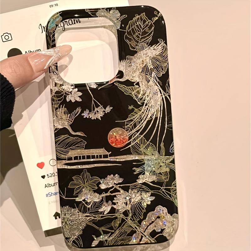 Sparkling Glitter Chinese Style Landscape Crane Phone Case For iPhone 11 12 13 14 15 16 17 Pro Max XS XR X 7 8 Plus Soft Cover
