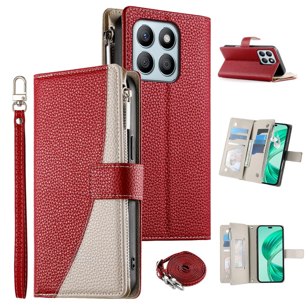 For Honor X8b 4G Case Zipper Wallet Color Splicing Leather Flip Phone Cover with Straps