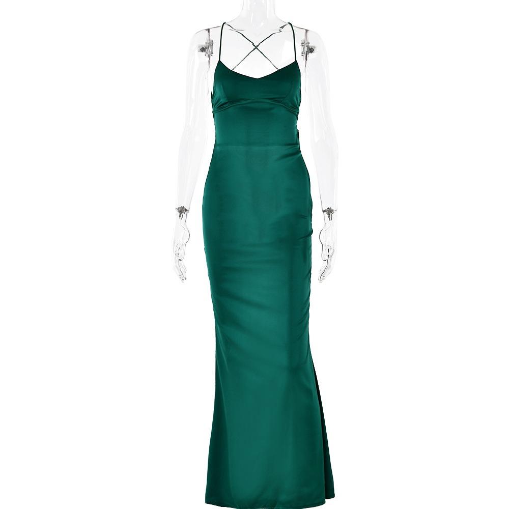 Women's V Neck Sleeveless Maxi Dress Slim Fit High Waist Mermaid Dress Satin Spaghetti Strap Criss Cross Back Tie Backless Wedding Party Long Dress