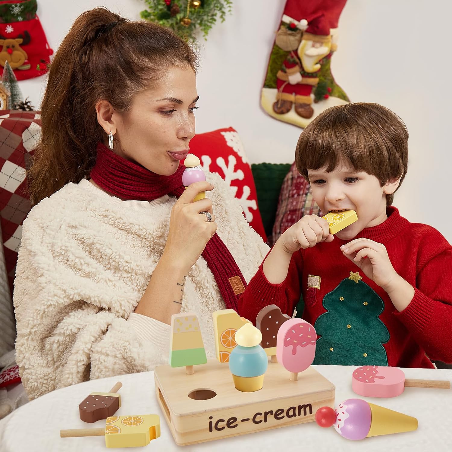 HERSITY Wooden Ice Cream Stand for Kids, Ice Cream Popsicle Toy Pretend Play Food Kitchen Accessories Playset Lolly Shop Games for Toddlers Girls