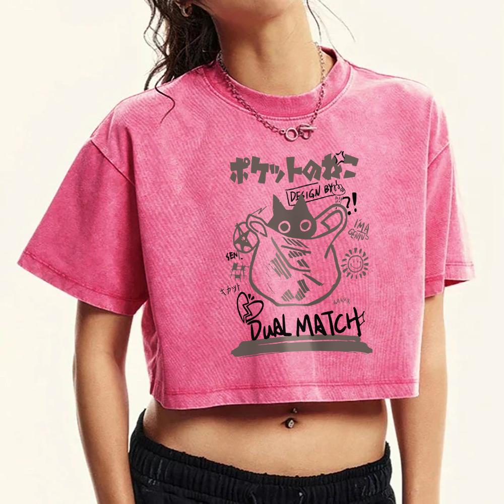 

Artistic Letter Pocket Cat Print Womens Washed T Shirts Cotton Casual Tee Shirt Summer Retro Clothing Top L