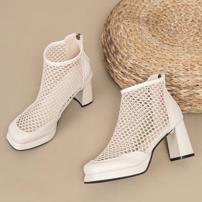 Fashion High Heel Cool Boots Summer New Style Round Head Mesh Breathable Rear Zipper Waterproof Table Non-slip Ankle Boots