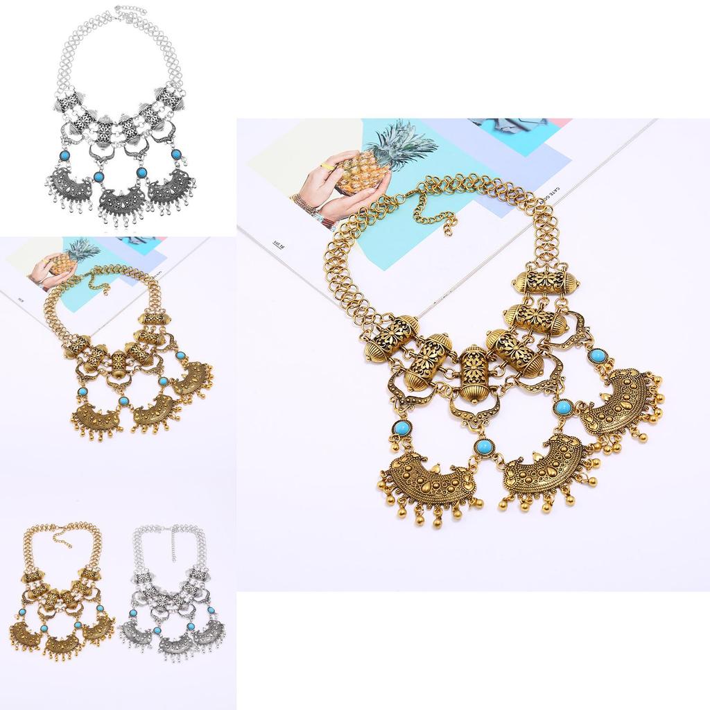 Ethnic Style Carved Flower Design Simulation Gemstone Decoration Women Necklace For Casual Boho Look