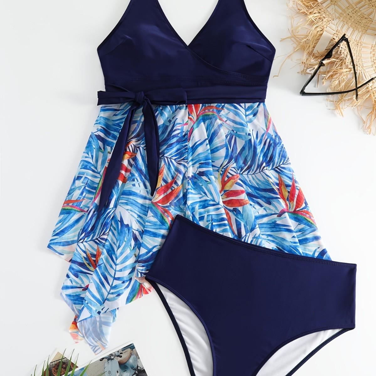 

2025 Plus Size Color Block Mesh Tankini Skirted Swimsuit 4XL темно-синього кольору