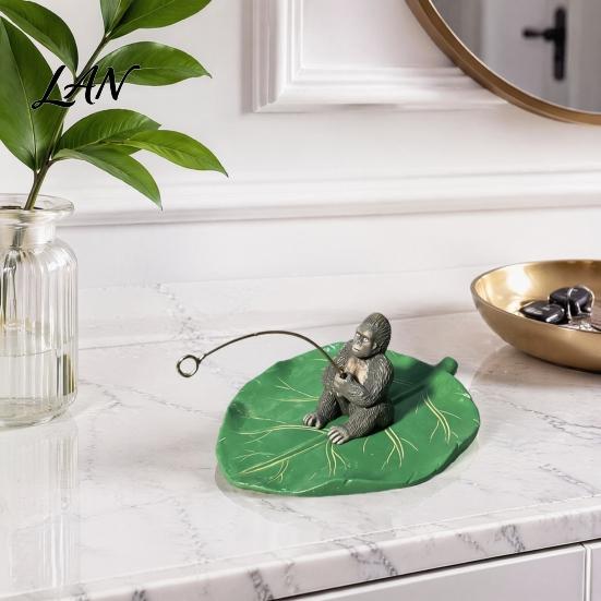 Detailed Animal Figurine for Water Features Fishing Gorilla on Lotus Leaf Ornament, Funny Floating Figurine, Realistic Artistic Landscaping