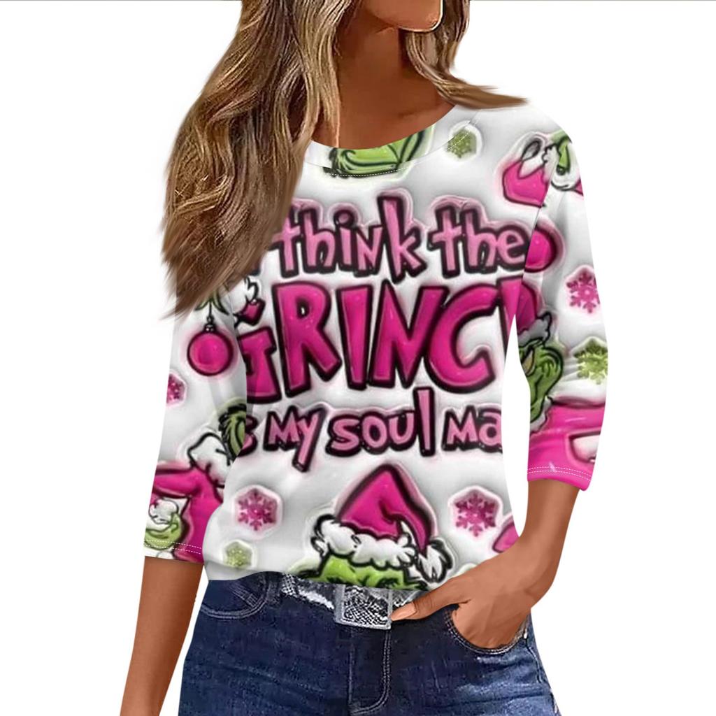 Women's Fashionable Casual Three Quarter Sleeve Christmas Printed Round Neck Top