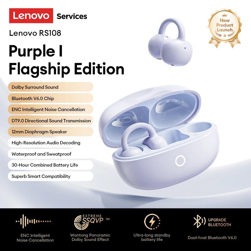 Original Lenovo RS108 Open Ear Bluetooth 6.0 Headset Clip On Wireless Earphones HiFi In-Ear Earbuds ENC Noise Canceling Headphones 30H Playtime