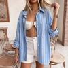2026 New autumn casual resort style loose lapel blue and white striped blouse