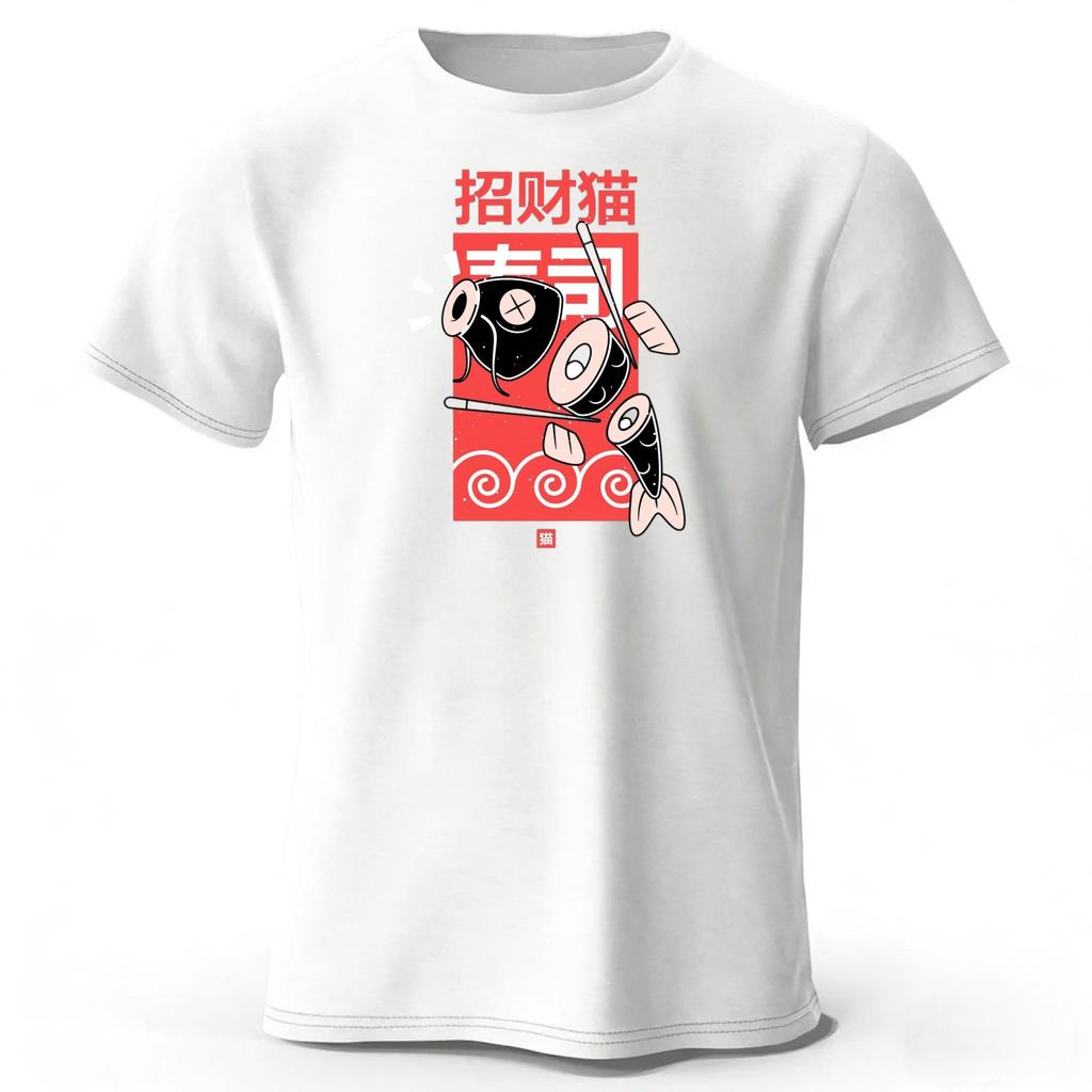 Summer New Japanese Cat Style Trendy Casual Printed Pure Cotton Tshirt for Men Loose Oversized Breathable Oneck Short Sleeved