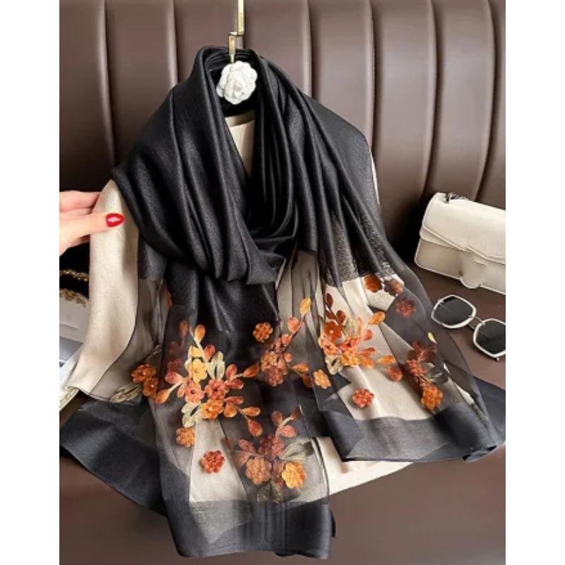 Bufanda de seda de lujo para mujer, diseño bordado, flores, hiyab, bufandas, pañuelo para la cabeza para mujer, Fouloud Echarpe