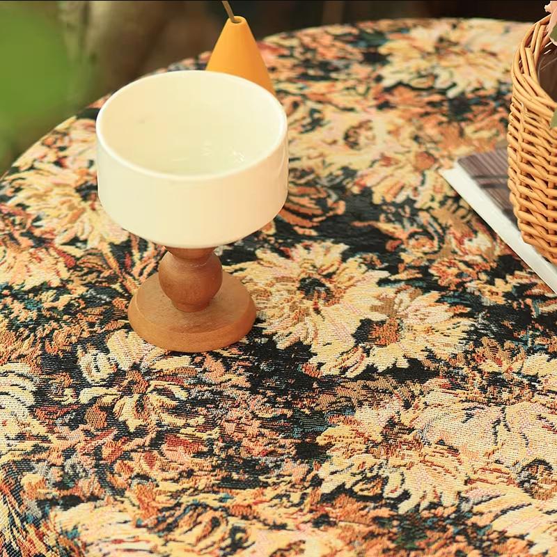 Vintage Round Tablecloth, Coffee Cotton Linen Florals Table Cloth, Anti-Wrinkle Decorative Tablecloths for Dining, Kitchen Wedding, Thanksgiving