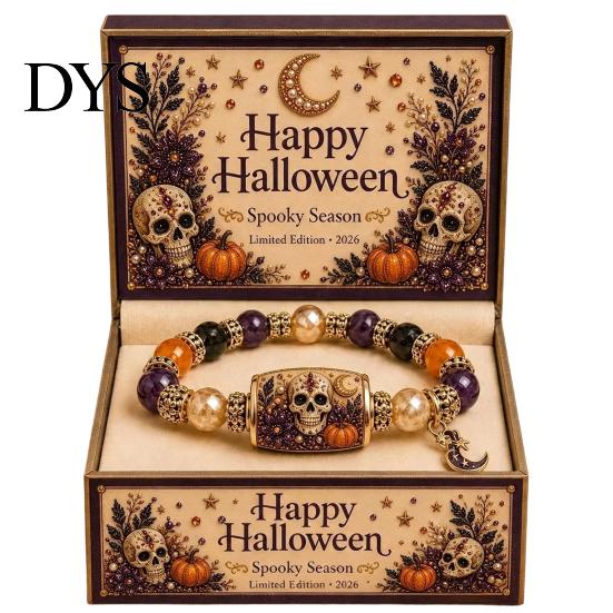 Adjustable Alloy Wristband Halloween Stretch Beaded Bracelet with Gift Box, Black Cat Pumpkin Ghost Stylish Wrist Accessory for Parties Crow