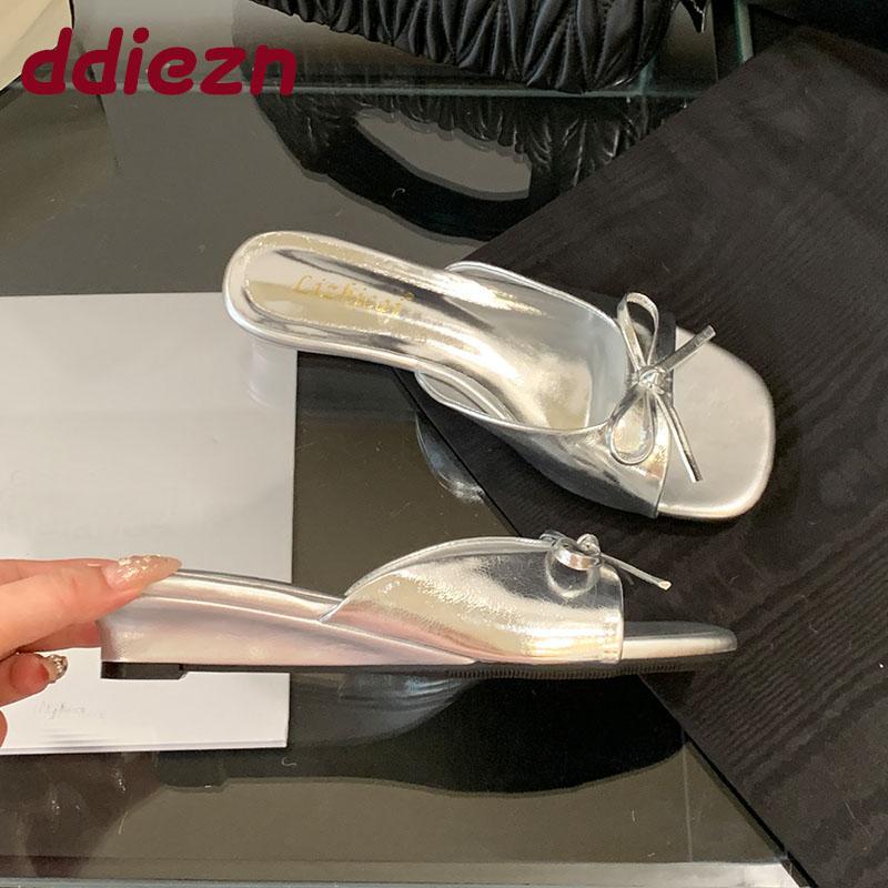 Fashion Female Low Heel Footwear Wedges Slippers Slides Shoes For Women Fashion Butterfly-Knot Ladies Heeled Slippers Sandals Shoes