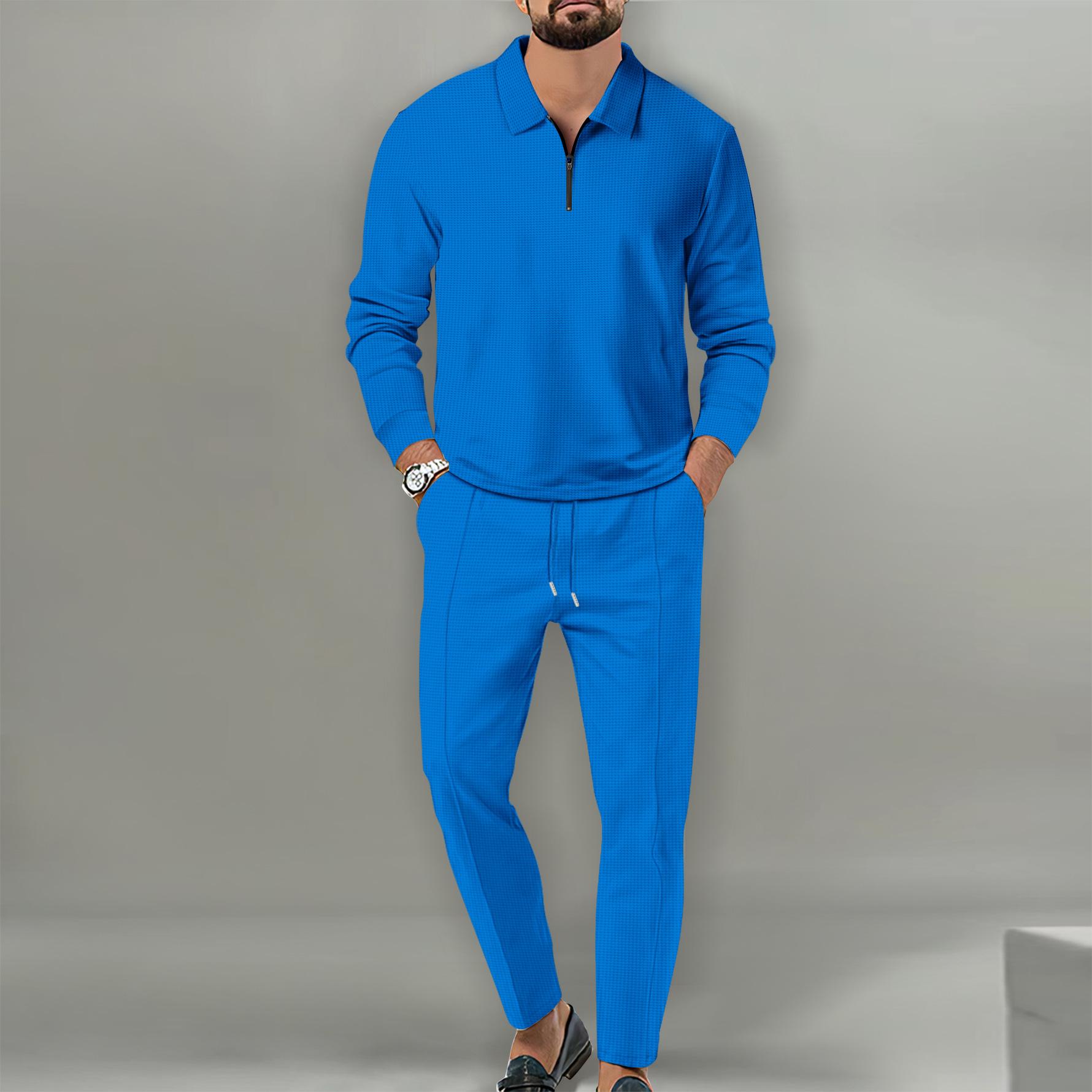 

Men s New Waffle Solid Color Zipper Long-sleeved Sports Trousers Two-piece Set XXXL синій