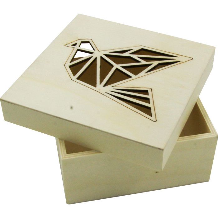 Boîte en bois - Découpe laser - Origami oiseau - 11,3x11,3x5cm - Marron - Enfant/Mixte