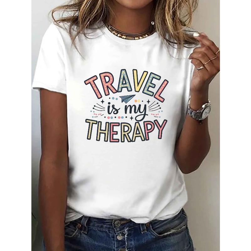 Women s  Travel Is My Therapy  T-Shirt Casual Crew Neck Short Sleeve Top S