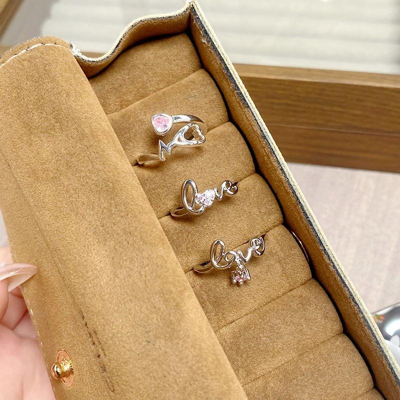 Qixi Festival Sweet Letter Love Pink Diamond Zir*****Pen Ring Niche Simple Stacking Temperament Fashion Ring