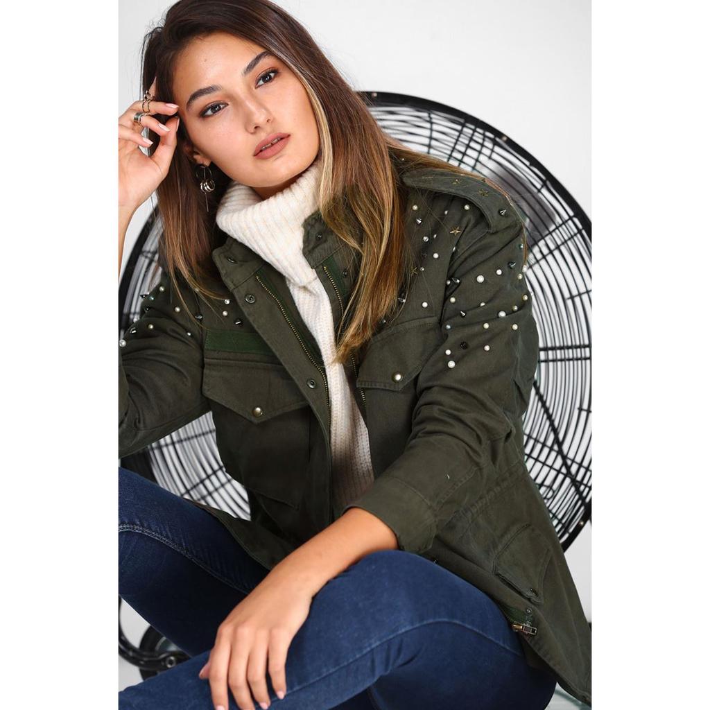 Buy Khaki Denim Jacket With Pearl 