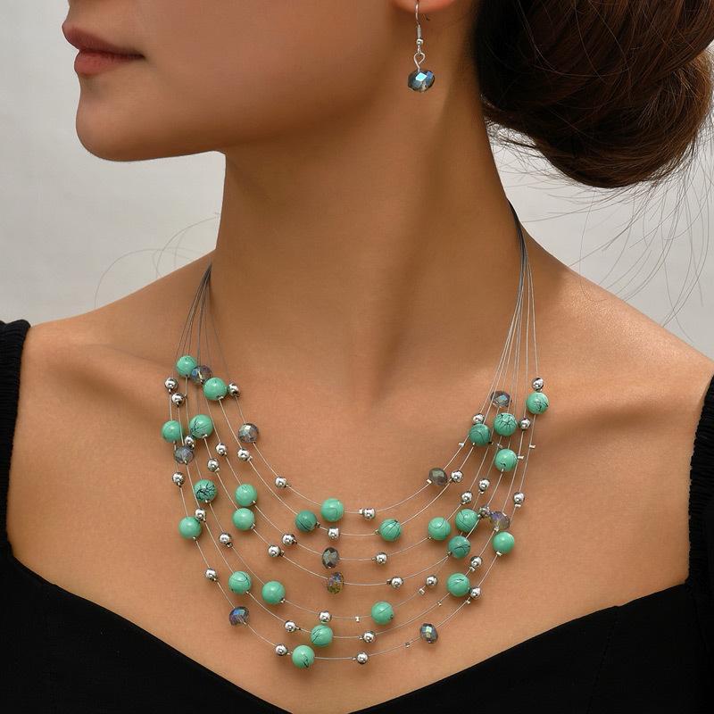 Set di Gioielli da Donna Collana e Orecchini Multi-strato di Perle Versatile Temperamento Stile Europeo Americano Famoso