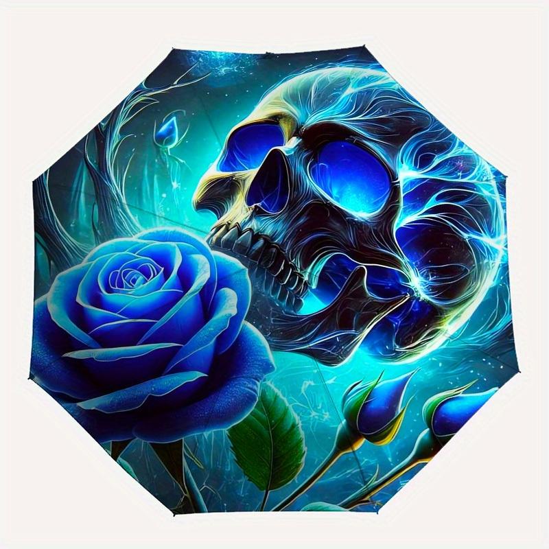 1pc Blue Rose Skull Artwork Umbrella with Plastic Handle,Suitable for All Seasons Home Travel Outdoor UmbrellaB1836