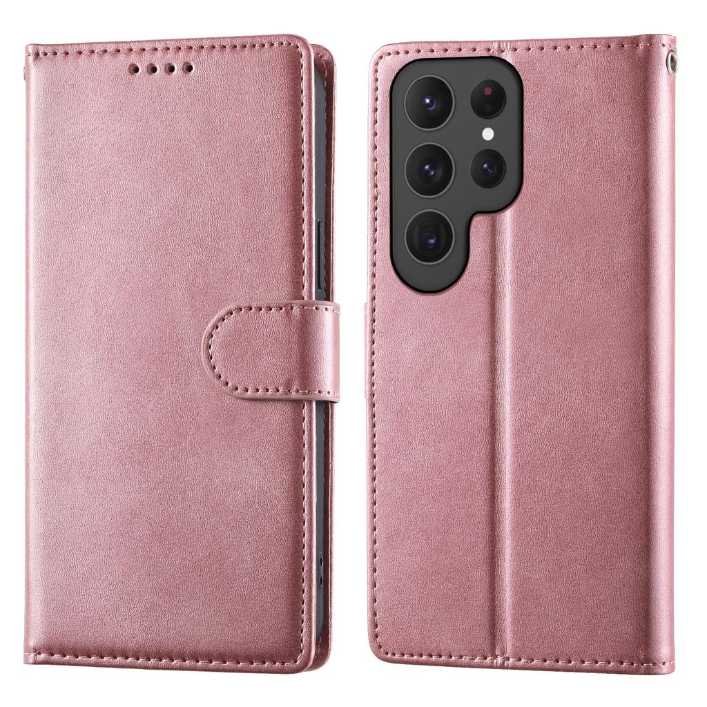 Etui Portfel z Podstawką na Samsung Galaxy S25 Ultra, Tekstura Skóry Cielęcej, PU Skóra, Klapka z Paskiem na Nadgarstek