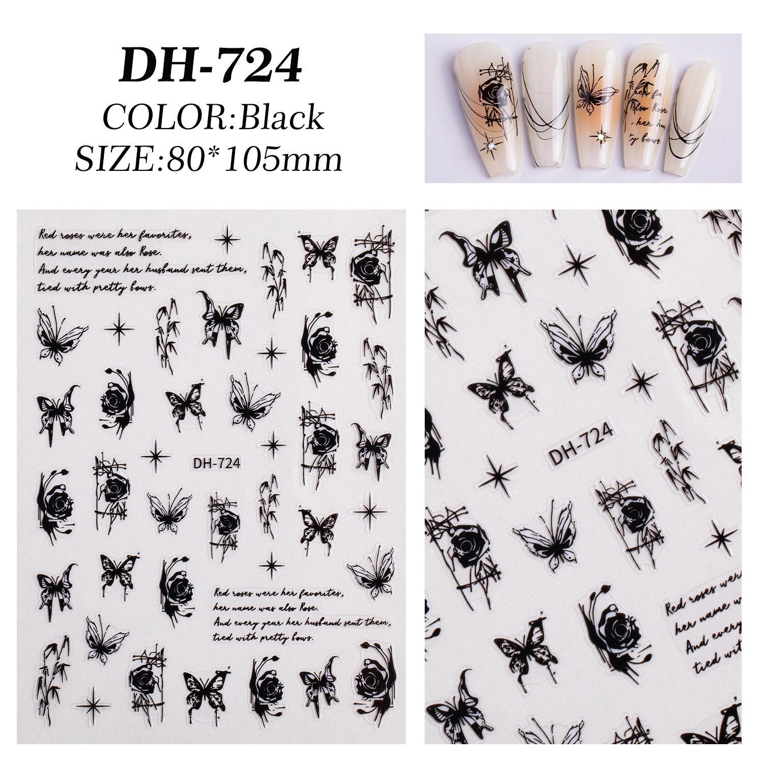 

Наклейки для ногтей в стиле чернил с черными и белыми бабочками - полупрозрачные узоры в виде роз, звезд и бамбука DH-724 чёрный