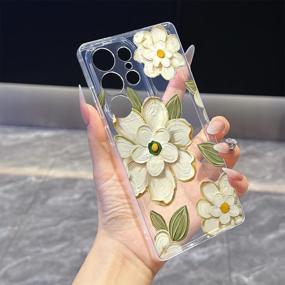 White Floral Oil Painting Case for Samsung Galaxy S26 S25 S24 S23 S22 S21 S20 FE Plus Soft TPU Slim Fit Shockproof Cover