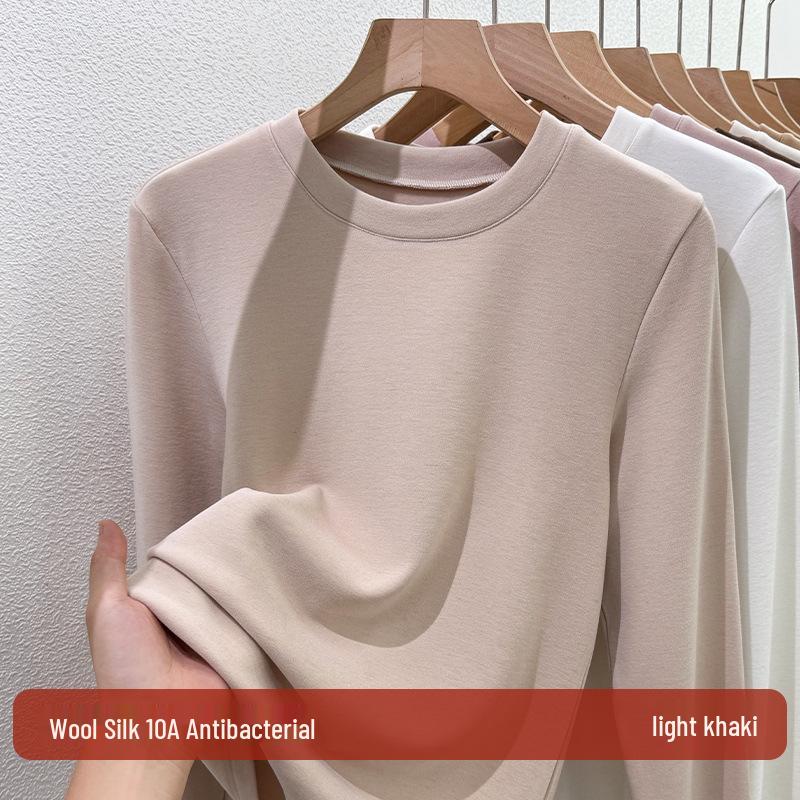 Women's Wool Silk Round Neck Base Layer Shirt - Autumn/Winter 2025 Collection, Velvet-Thickened for Warmth