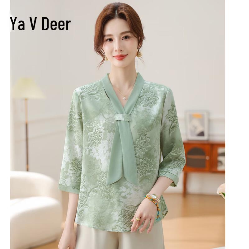 Yalu Mid-Aged Women s Floral Print V-Neck Blouse 2XL