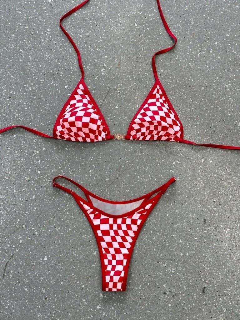 Kariertes Spitzen-Dreiecks-Bikini-Badeanzug mit Brustpolster - Sexy Europäischer und Amerikanischer Stil für Damen