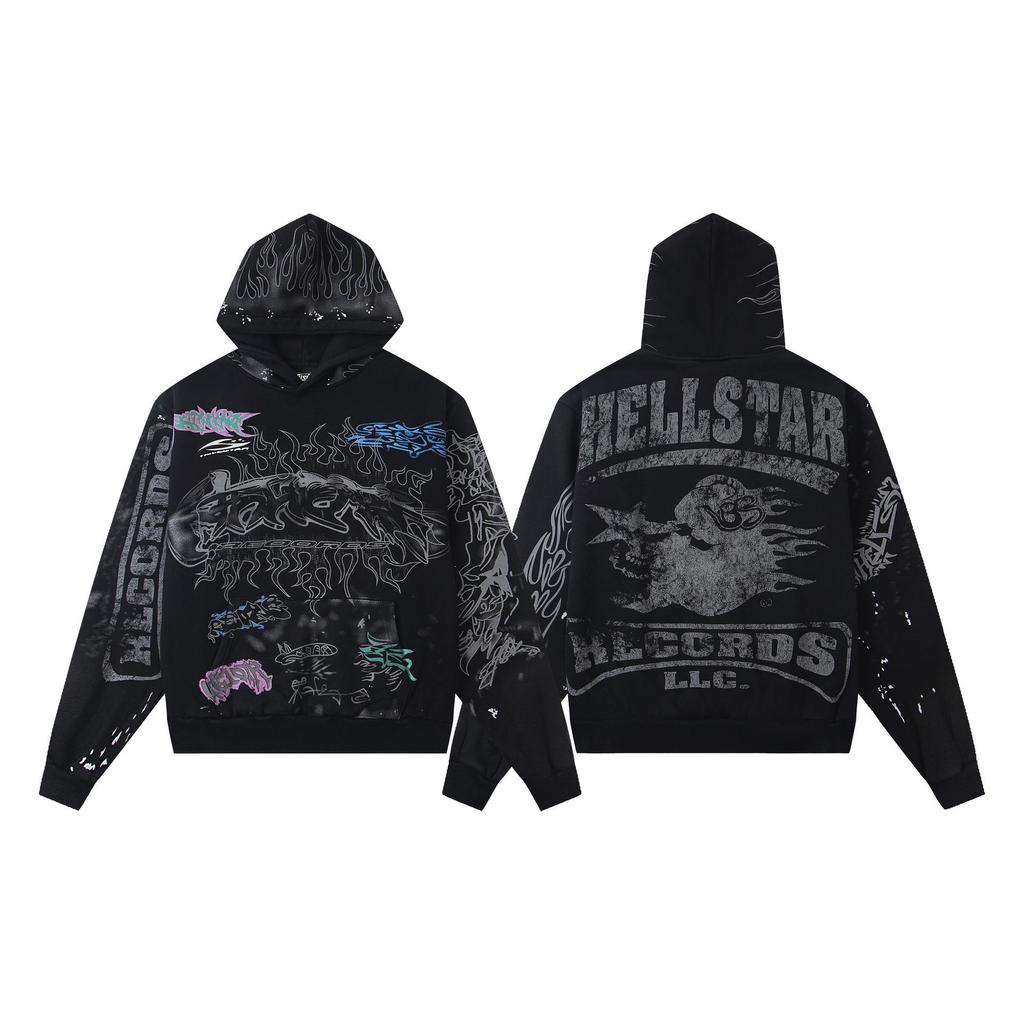 Hellstar Ausgefranster Retro Lockerer Reißverschluss Reiner Baumwoll Hoodie - Amerikanischer Hip Hop Stil