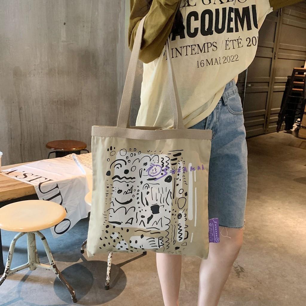 Stylish Canvas Tote Bag With Graffiti Print Large Capacity Shoulder Bag For Everyday Use