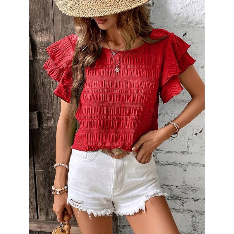GMXIA Women's Fashion Casual Leisure Summer Solid Color Print Short Sleeve O-Neck Blouses & Shirts