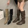 Thick heel pleated long tube knight boots women's shoes 2025 new spring and autumn western thin medium tube long boots