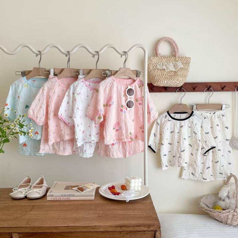 2pcs/set Children's Pure Cotton Shirt Pant Set Girls Boys Comfortable Sweet Versatile Three-quarter Sleeve Tops + Trousers Home Clothes Sleepwear Set