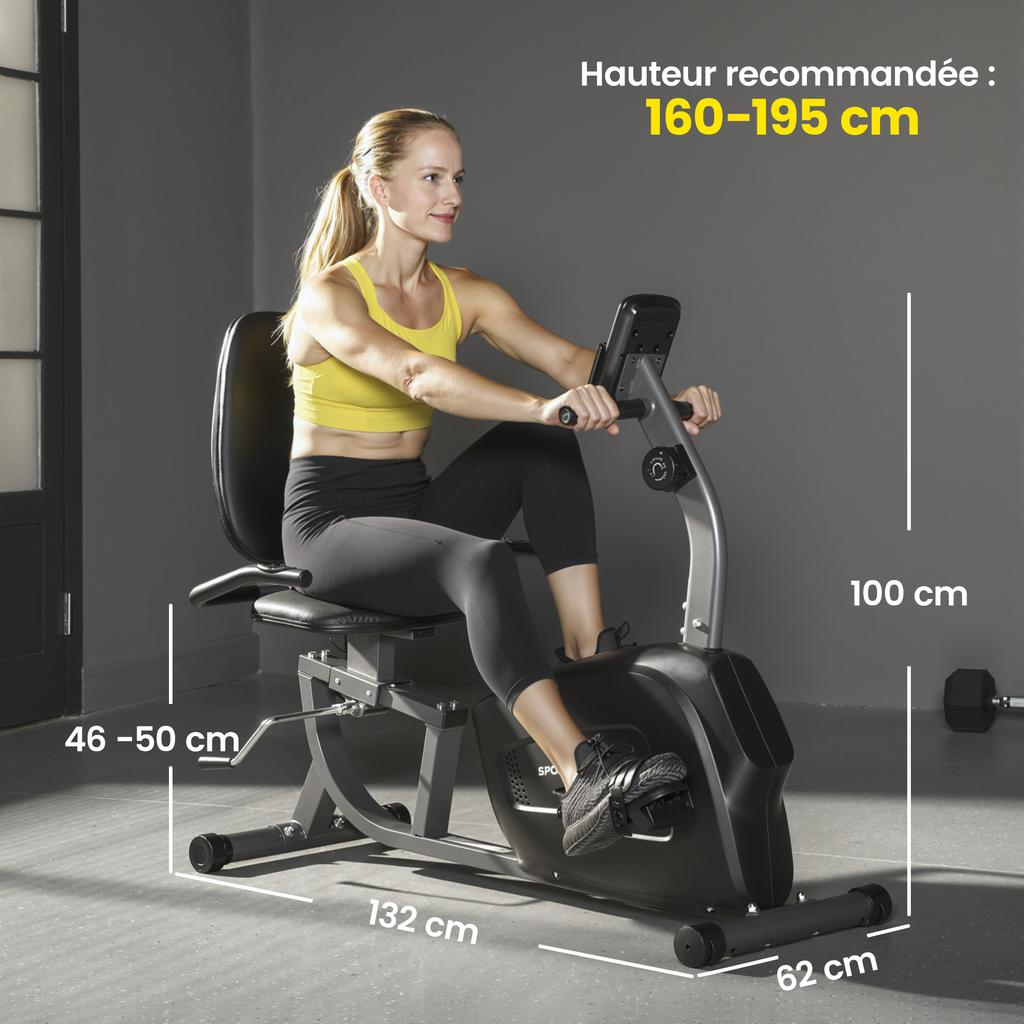Recumbent Exercise Bike, Wheels, Magnetic Resistance, Adjustable Seat, 132 x 62 x 100 cm, Black