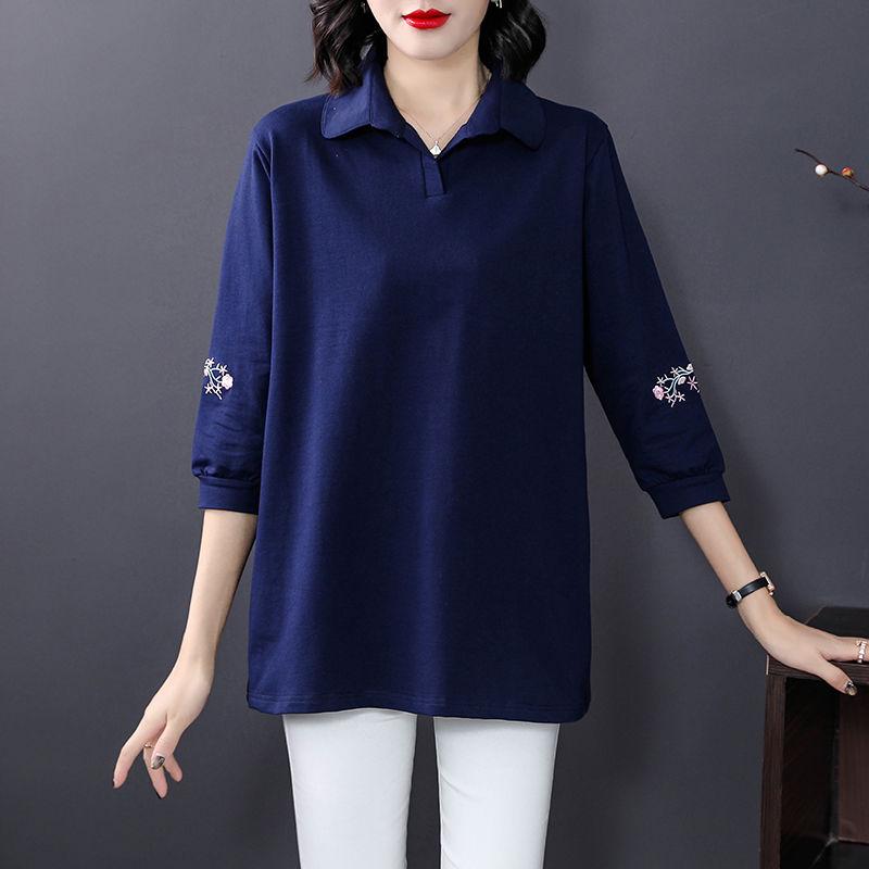 

Mom Lapel Solid Color Half-sleeved T-shirt for Women in Summer New Large-size Women s Loose Slimming Top XL синій