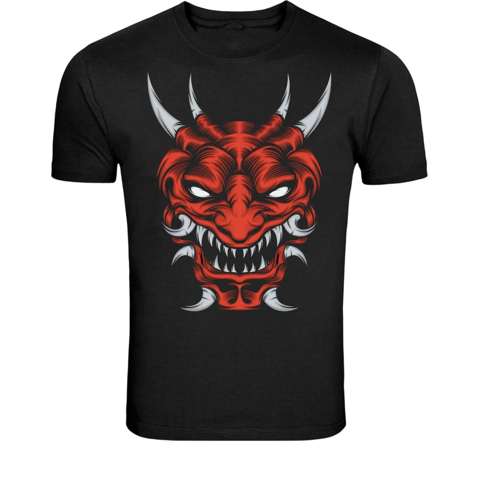 Red Demon Mask T-Shirt - Japanese Oni Devil Graphic Tee M